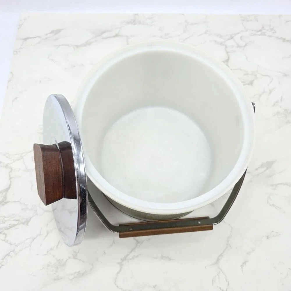 Vintage Kromex Ice Bucket Green Woodgrain Chrome Lid Mid Century Barware USA - Picture 5 of 11